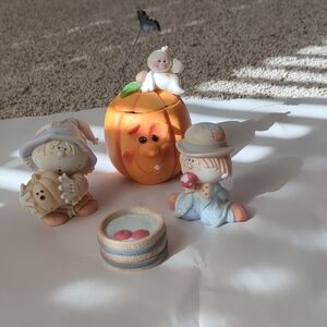 Halloween Pumpkin & Scarecrow Ceramic Figurine Set - Orange, Cream, Beige